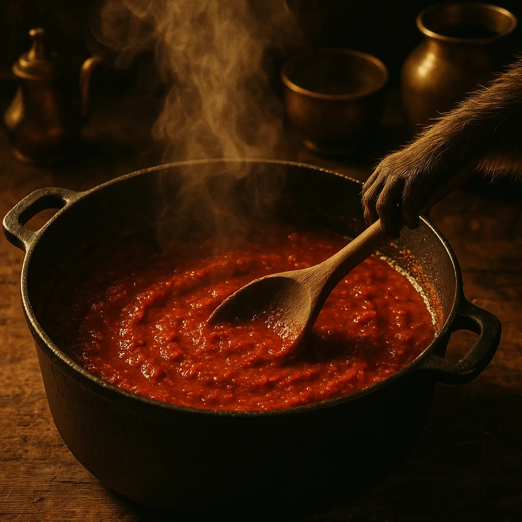 Simmering the rich tomato base sauce