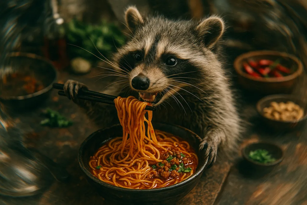 Raccoon lifting Dan Dan noodles from a bowl with chopsticks