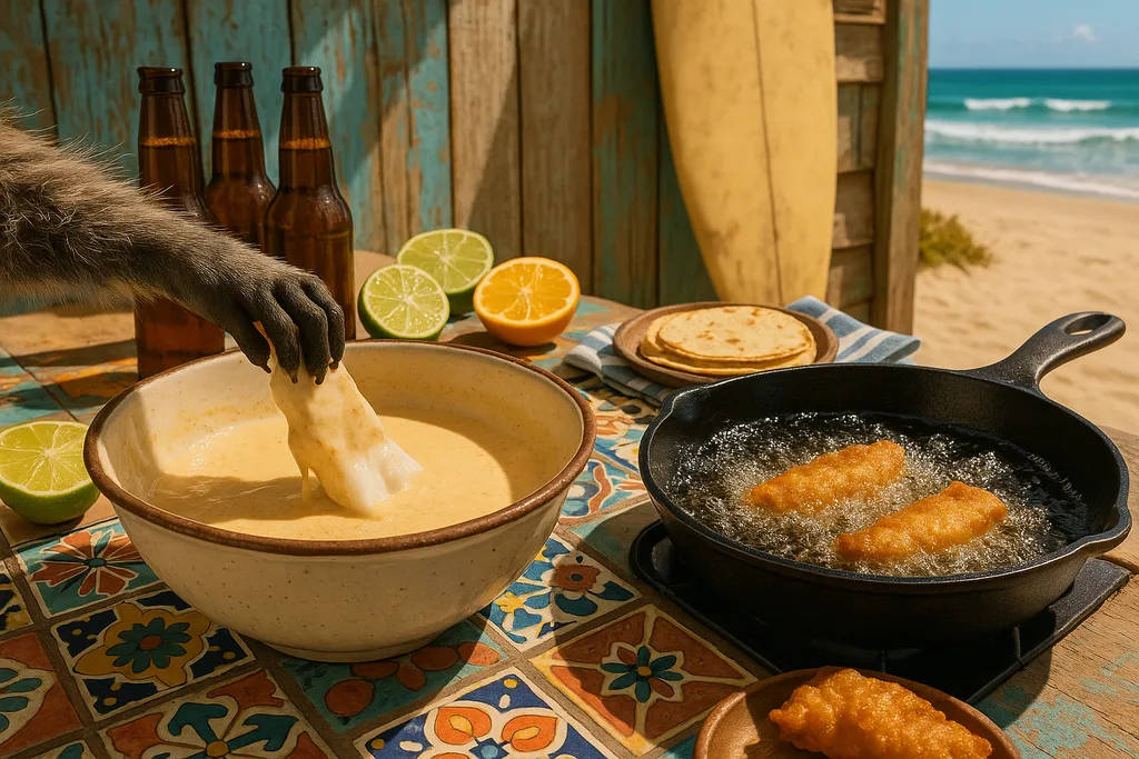Beer-battering and frying fish fillets